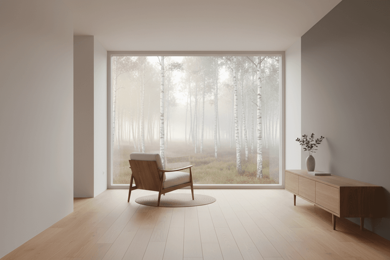 Serene room with a single chair facing a window overlooking nature